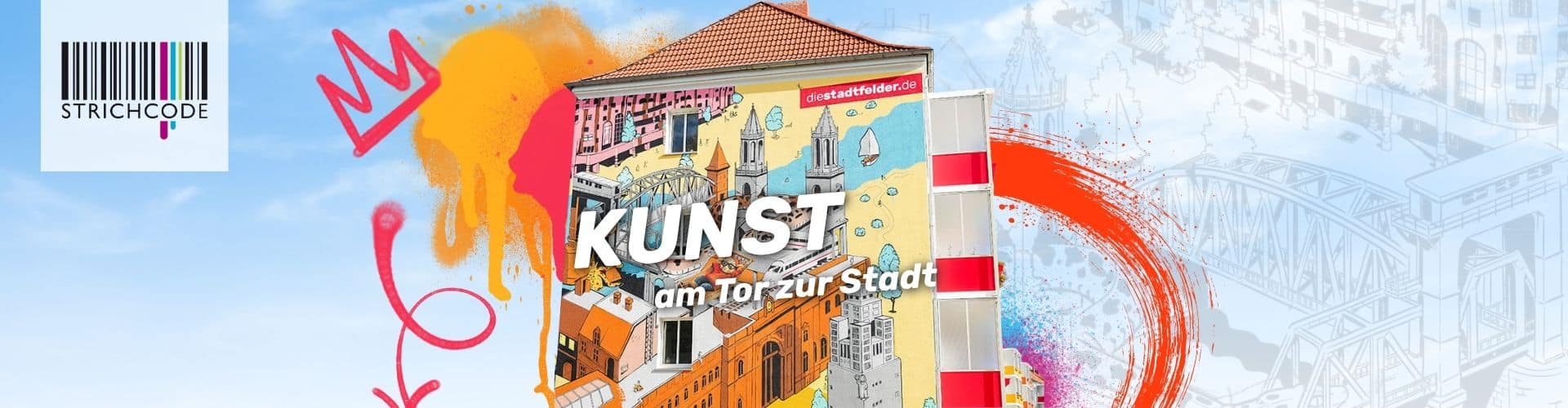 Modernes Wohngebäude der Stadtfelder Wohnungsgenossenschaft eG in einer urbanen Umgebung, mit bunten Kunstakzenten im Vordergrund.