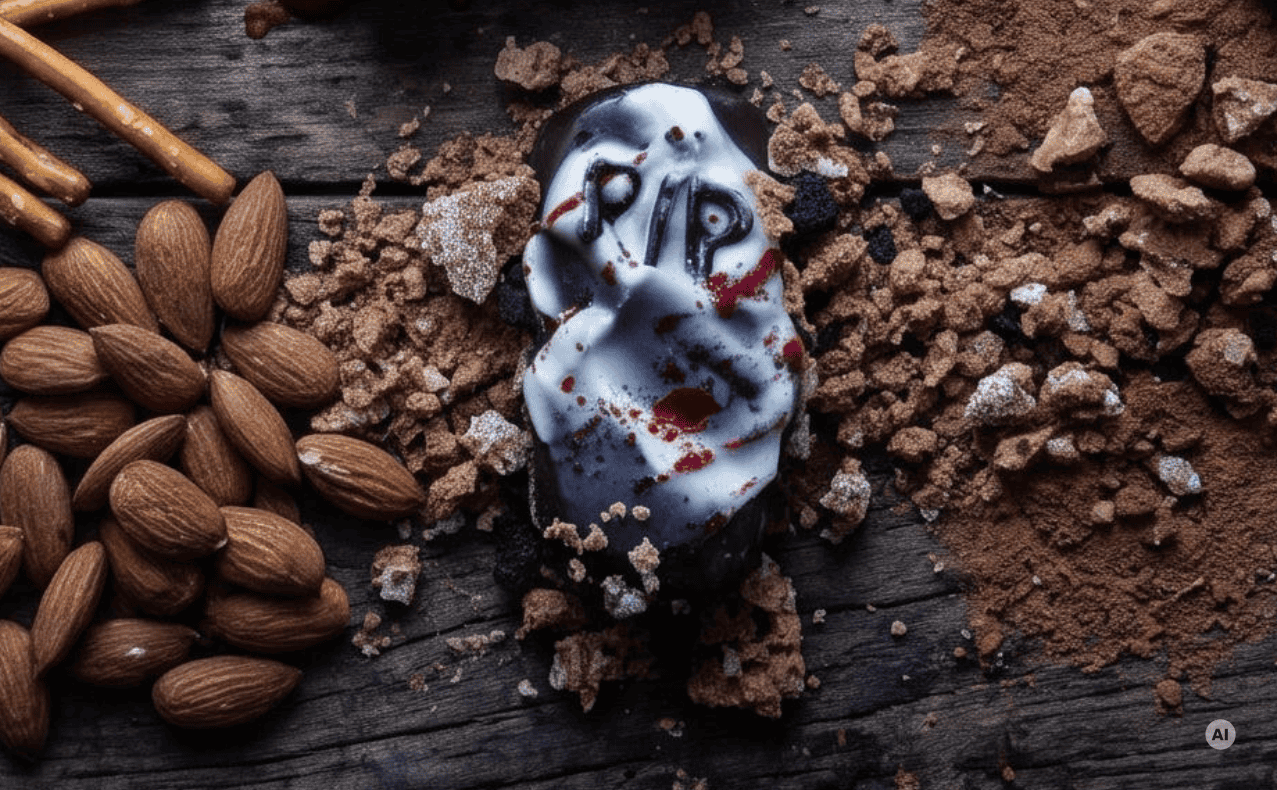 DSW-Magdeburg-Gruselsnacks-Halloween-Friedhofsboden Schoko-Granola mit Kakaoschoko, Nüssen und knusprigen Bröseln – verführerische Halloween-Snacks.