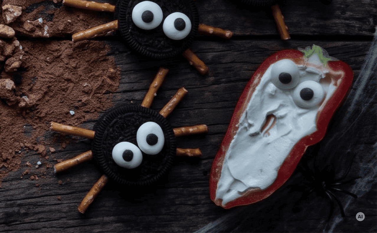 DSW-Magdeburg-Gruselsnacks-Halloween-Geister-Spitzpaprika Oreo-Spinnen und gefüllte Paprika mit Spuk-Geehrte.
