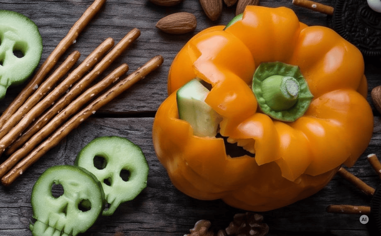DSW-Magdeburg-Gruselsnacks-Halloween-Kuerbiskopf-Paprika Hochwertiges Porträt einer orangefarbenen Paprika mit Grilleingang, umgeben von Brotstangen, Gurkenscheiben und Nüssen auf dunklem Holzuntergrund – Urbanes Wohnen und Gemeinschaft in einer modernenGen.