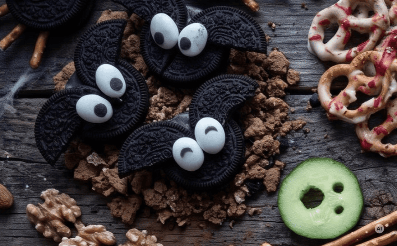 DSW-Magdeburg-Gruselsnacks-Halloween-Oreo-Fledermaeuse Oreo-Kekse mit gruseligen Augen, Keksstückchen und grünem Apfelring auf dunklem Holzuntergrund.