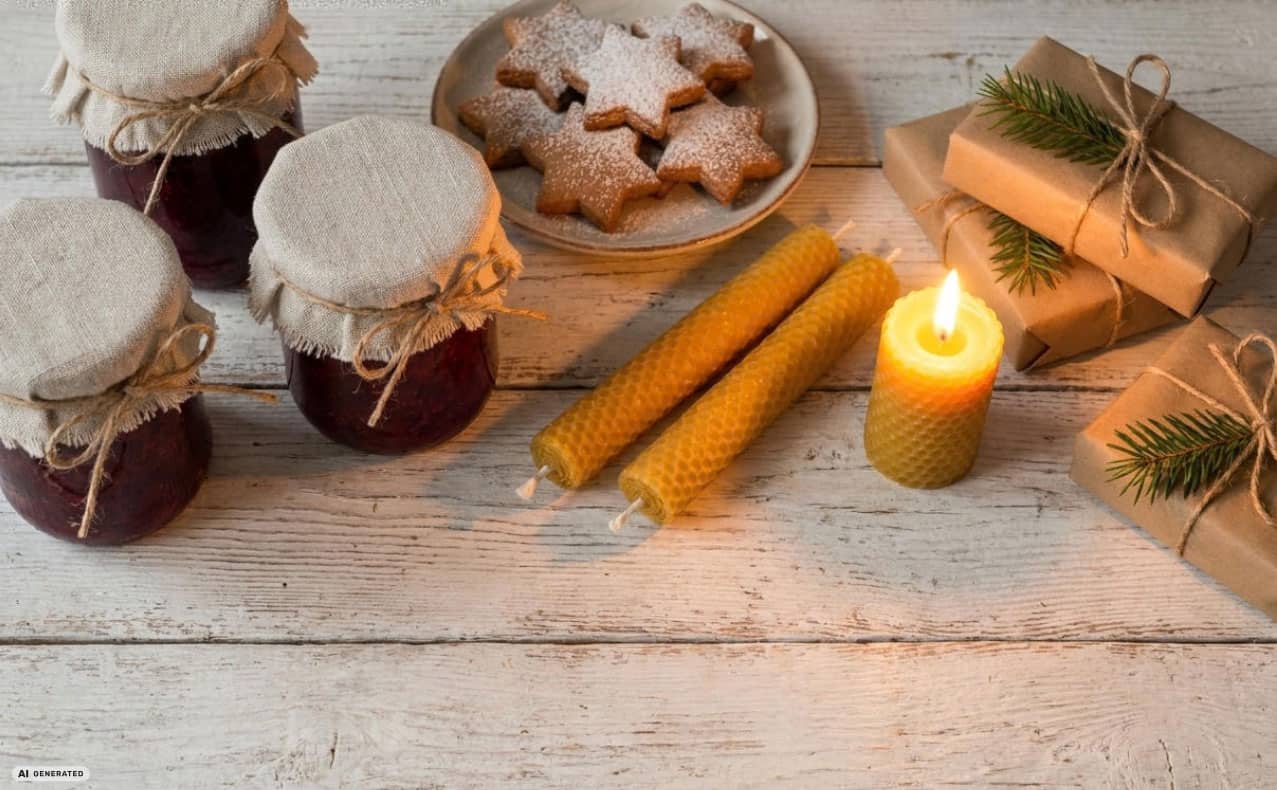 Festliche Weihnachtsdekoration mit Honig, Keksen, Kerze und Geschenken auf Holz Tisch.
