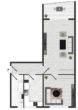 möblierter Grundriss - Top 2-Raumwohnung in ruhiger Lage mit schönem Balkon